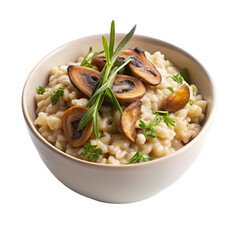 A bowl of wild mushroom risotto isolated on transparent background.