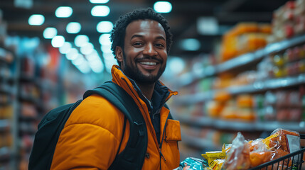 A cheerful man around 45 years old, dressed as a messenger, making grocery purchases in a supermarket at night. The scene features the store illuminated by evening lighting