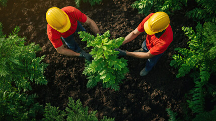 Fototapeta premium Two workers planting a young tree in a lush green environment, emphasizing teamwork and environmental care.