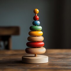 Obraz premium Sapin de Noël empilé en bois avec anneaux multicolores sur socle