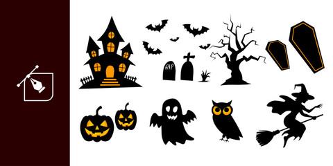 Set of silhouettes of Halloween isolated on a white background. Vector illustration