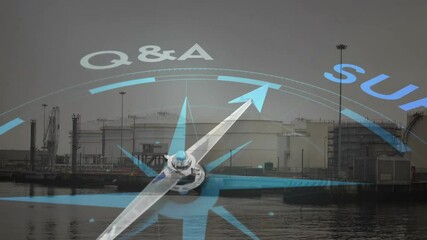 Animation of compass with q and a and support text over city