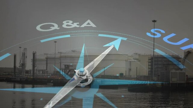 Animation of compass with q and a and support text over city