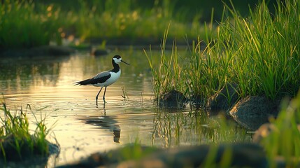   A monochrome avian perches beside verdant green pasture and boulders near water