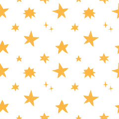 Hand drawn seamless pattern. Magic yellow stars on a white background. Imitation of a child's drawing, uneven texture.
