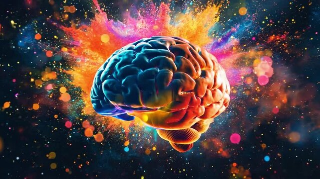Colorful brain surrounded by vivid paint splashes, representing creativity and the power of imagination.