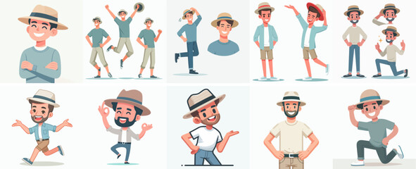 happy young man vector set wearing hat