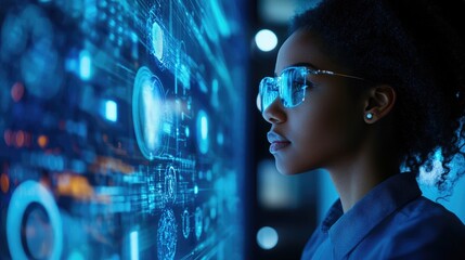 Woman looking at a screen with data and analytics.