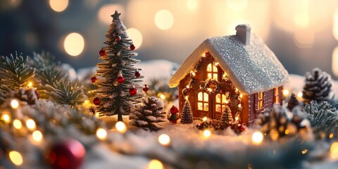 Festive miniature Christmas village scene with a snow-covered house, tiny trees, and glowing lights. A cozy and magical holiday setting, surrounded by bokeh lights