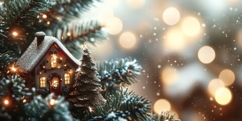 Festive miniature Christmas village scene with a snow-covered house, tiny trees, and glowing lights. A cozy and magical holiday setting, surrounded by bokeh lights
