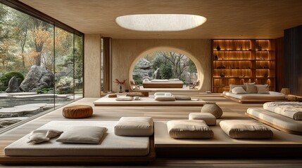 Fototapeta premium Modern Zen Living Room with Garden View and Wooden Accents