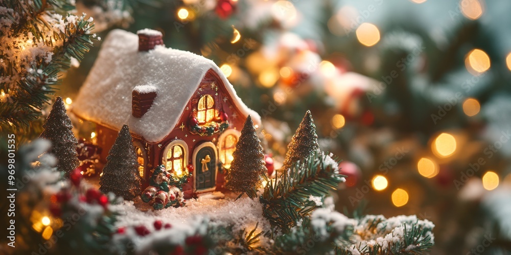 Canvas Prints Festive miniature Christmas village scene with a snow-covered house, tiny trees, and glowing lights. A cozy and magical holiday setting, surrounded by bokeh lights