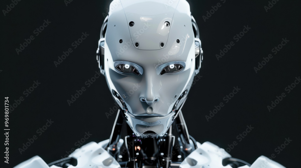 Poster A robot with a white body and silver arms stands in front of a gray background