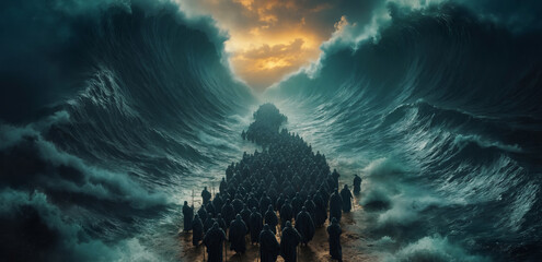 Moses parting the Red Sea with towering walls of water on either side. Bible Old Testament.