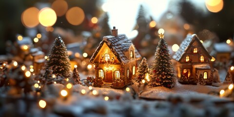 Festive miniature Christmas village scene with a snow-covered house, tiny trees, and glowing lights. A cozy and magical holiday setting, surrounded by bokeh lights