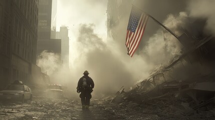 Obraz premium Firefighter Walking Through Debris After a Disaster.