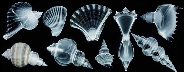 X-ray image of seashells displaying intricate internal structures on a dark background