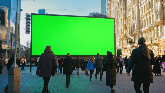 People stroll by a massive green screen in a bustling urban area, enjoying the lively atmosphere of a sunny day