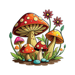 a colorful drawing of a mushroom with flowers Clipart isolated vector illustration
