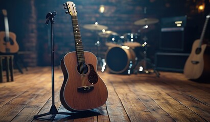 Naklejka premium Acoustic Guitar on Stage with Microphone.