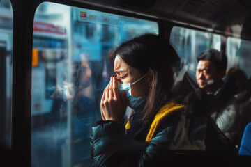 Young woman is covering her mouth while feeling unwell on public transportation