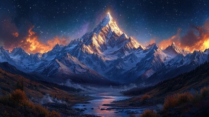 Obraz premium Majestic Snowy Mountain Peak Under a Starry Sky