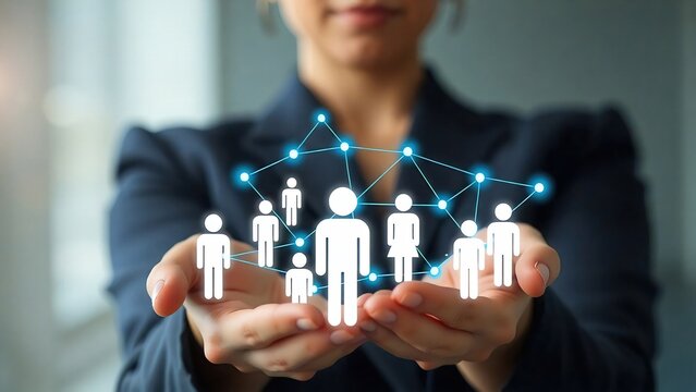 Hombre sostiene Iconos de personas conectadas, representa el mundo comercial y de negocios, y la importancia de la conexi&oacute;n y la intercomunicaci&oacute;n