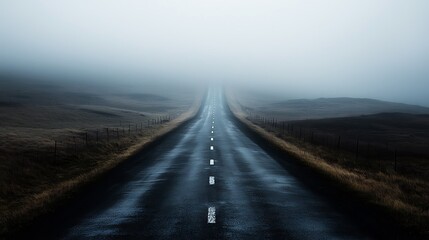 An empty road disappears into the fog, the landscape veiled in soft mystery.