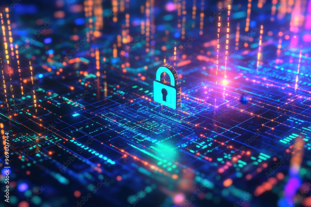 Poster glowing padlock hovers over a circuit board with binary code streaming in the background, symbolizin