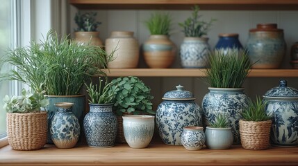 Fototapeta premium Assorted potted plants and ceramic vases on wooden shelves