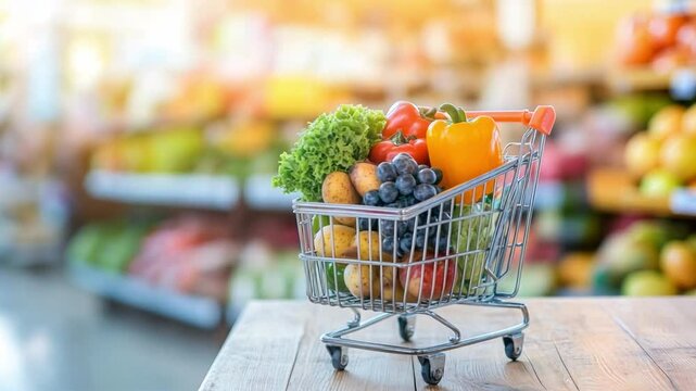 A shopping cart filled with fresh produce rests on a wooden table in a grocery store with colorful displays in the background