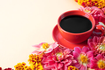 Autumn composition of red coffee cup and dahlia flowers on beige background with place for text. Flat lay, banner. Nature concept