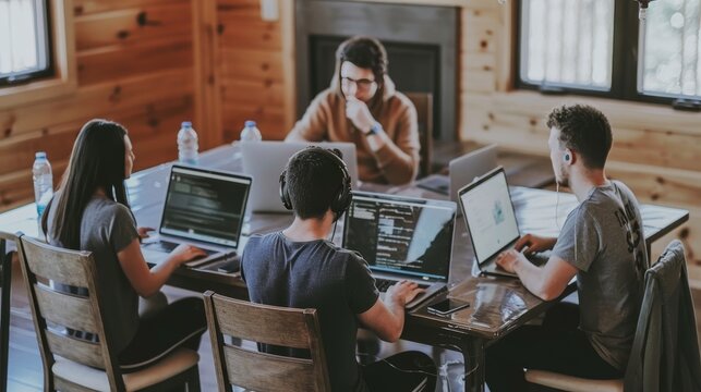 It specialists collaborating at a table with laptops and complex diagrams during a hackathon