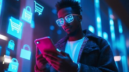 A young black man checks his smartphone while surrounded by glowing shopping icons in a vibrant urban setting during the evening, ecommerce application advertisement - Powered by Adobe
