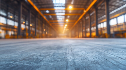 Obraz premium Large empty warehouse with industrial lighting.