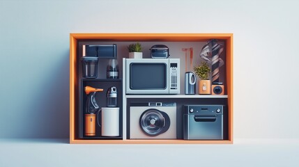 Modern kitchen appliances and gadgets organized in a stylish display inside a vibrant shelving unit