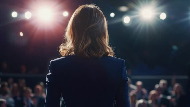 Female speaker addresses an attentive audience from the stage, illuminated by bright lights, creating a professional atmosphere