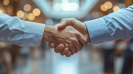business partners shaking hands with a focus on business interaction and office decor