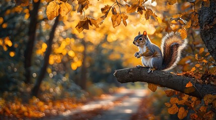 Fototapeta premium A squirrel perched high atop a tree branch amidst an orange and yellow forest foliage