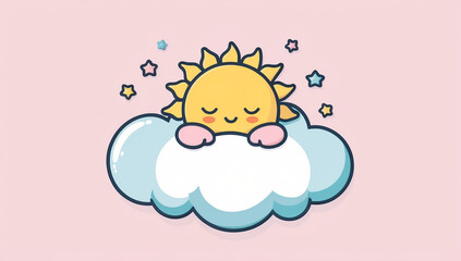 Fototapeta premium Little cartoon sun sleeping on a cloud, flat design illustration