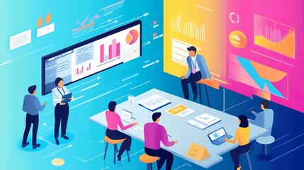 A group of people discussing business data while looking at large screens with charts.