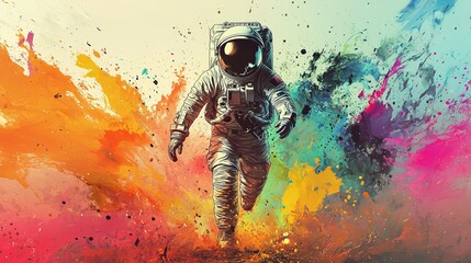 Astronaut Walking Through Colorful Abstract Paint Splashes, Pop Art Style, Generative AI