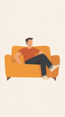 Man Sitting on Orange Sofa Illustration, Relaxing Waiting, Flat Design, Crossed Legs,  