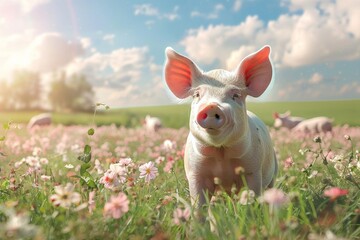 Fototapeta premium Pig enjoys a sunny day among colorful wildflowers in a lush green field. Copy space