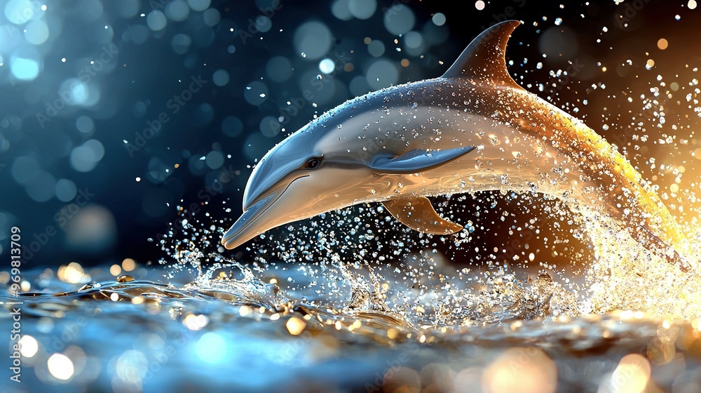 Sticker   A dolphin jumps out of the water, splashing water on its back and head as it emerges from the depths