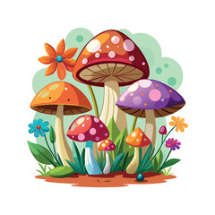 a colorful drawing of a mushroom with flowers Clipart isolated vector illustration