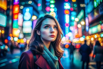 Portrait of attractive young excited woman smiling happy to be in urban cinematic environment. Charming beautiful woman walking down streets of modern city with neon lights at night.