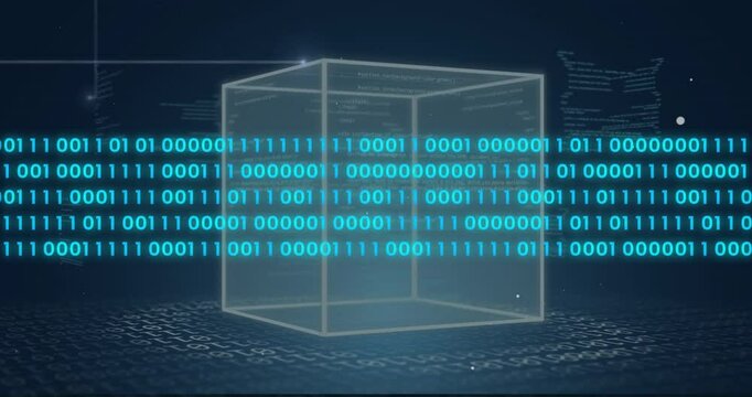 Binary code and cube animation over digital grid background