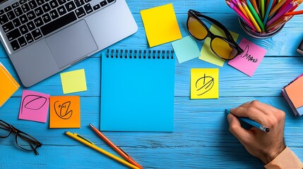 A blue wooden desk holds a notebook, pens, and laptop, the tools for creative work arranged neatly.