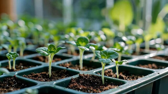 A close up view of vibrant seedlings in soil, emphasizing growth in a bright greenhouse environment